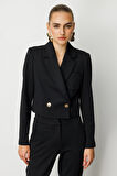 Ekol Kadın Kruvaze Yaka Crop Ceket 5029 Siyah
