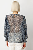 Ekol Kadın Desenli Balon Kol Bluz 3017 Lacivert