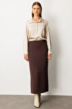 Ekol Kadın Büyük Beden Arkası Yırtmaç Görünümlü Krep Etek 2033 Kahverengi
