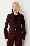 Ekol Kadın Omzu Vatkalı Düğme Aksesuarlı Ceket 5017 Bordo