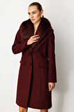 Ekol Kadın Yakası Kürklü Kapak Cepli Kaban 6065 Bordo