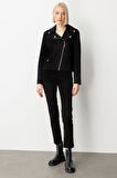 Ekol Kadın Simli Kumaş Süs Kapak Cepli Mont 8013 Siyah