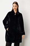 Ekol Kadın Büyük Beden Metal Broşlu Peluş Kaban 6331 Siyah