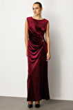 Ekol Kadın Beli Büzgülü Maxi Kadife Elbise 4141 Bordo