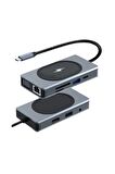 Shaza 9in1 USB Type-C Hub Port Adaptör 4K HDMI USB Ethernet Pd Girişli 15W Kablosuz Şarj