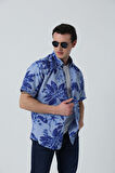 BROTHERS ERKEK TAILORED FIT KISA KOL ÇİÇEK BASKILI OXFORD GÖMLEK MAVİ ÇİÇEKLİ