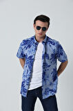 BROTHERS ERKEK TAILORED FIT KISA KOL ÇİÇEK BASKILI OXFORD GÖMLEK MAVİ ÇİÇEKLİ