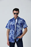 BROTHERS ERKEK TAILORED FIT KISA KOL ÇİÇEK BASKILI OXFORD GÖMLEK MAVİ ÇİÇEKLİ