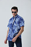 BROTHERS ERKEK TAILORED FIT KISA KOL ÇİÇEK BASKILI OXFORD GÖMLEK MAVİ ÇİÇEKLİ