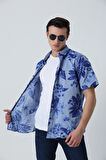 BROTHERS ERKEK TAILORED FIT KISA KOL ÇİÇEK BASKILI OXFORD GÖMLEK MAVİ ÇİÇEKLİ