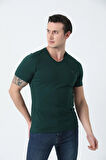 BROTHERS ERKEK V YAKALI  LOGO NAKIŞLI LİKRA SÜPREM BASIC T-SHIRT ORMAN YEŞİLİ