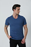 BROTHERS ERKEK V YAKALI  LOGO NAKIŞLI LİKRA SÜPREM BASIC T-SHIRT İNDİGO MAVİ