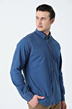 BROTHERS ERKEK TAILORED FIT UZUN KOL YIKAMALI KARE DESENLİ DENIM KUMAŞ GÖMLEK MAVİ