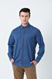 BROTHERS ERKEK TAILORED FIT UZUN KOL YIKAMALI KARE DESENLİ DENIM KUMAŞ GÖMLEK MAVİ