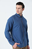 BROTHERS ERKEK TAILORED FIT UZUN KOL YIKAMALI KARE DESENLİ DENIM KUMAŞ GÖMLEK MAVİ