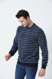 BROTHERS ERKEK RAHAT KESİM BİSİKLET YAKA ENİNE ÇİZGİLİ YUMUŞAK DOKULU İNTERLOK KUMAŞ SWEATSHIRT İNDİGO MAVİ
