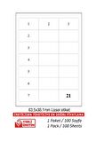 A1-2021 500 A4 Sayfa Lazer Etiket 63.5 x 38.1 mm A4 Sayfada 21 Etiket