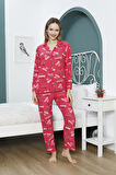 Kadın Barbie Desenli Düğmeli Uzun Kollu Pijama Takımı