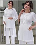 NEHİR 2036  Ecru Hamile Lohusa 3Lü Pijama Sabahlık Takım