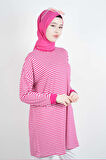 Tesettür Tunik İnce Çizgili Penye Tunik Koyu Pembe