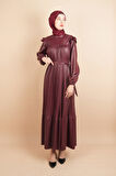 Tesettür Piliseli Elbise Kolları Vatka Detaylı Deri Elbise Bordo