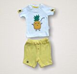 6-9 9-12 12-18 Ay Ananas Nakışlı Kısa Kollu Sweatli Şortlu 2li Kız-erkek Bebek Takımı