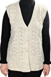 Kadın  Krem V Yaka Zincir Örgü Yün Triko Anne Yelek