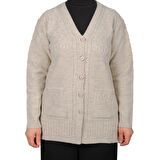 Büyük Beden Kadın krem  Düğmeli Kısa Hırka