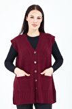 Kadın  Bordo V Yaka Düğmeli Cepli Yün Anne Triko Yelek