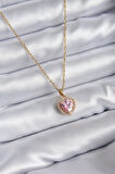 HediyeMarketim  Çelik Zincir Gold Renk Pembe Zirkon Taş Kalp Model Charm Kadın Kolye