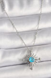 HediyeMarketim  Çelik Gümüş Renk Zincir Mavi Taş Detaylı Kuzey Yıldızı Model Kadın Kolye