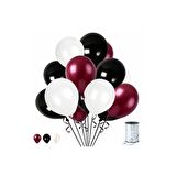 50 Adet Metalik Bordo Beyaz Siyah Balon 3 Renk