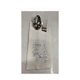 Gümüş Yaldızlı Beyaz Happy New Year Çam Ağacı Cepli Aır Touch Peçete 12 lı 40x40