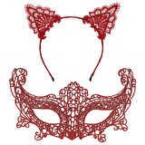 Romantik Kırmızı Dantel Maske Seti – Kedi Kulaklı Taç Ve Maske 3 No 