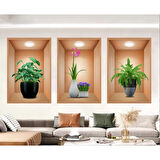 3d Çiçek Vazo Duvar Sticker 3 Lü Set Kahverengi Fon 