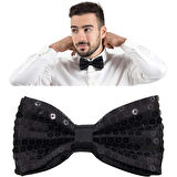 Gece Işıltısı Siyah Payetli Pullu Papyon 7x2 Cm 