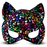 Siyah Kadife Kumaş Üzerine Rengarenk Payetli Pullu Parti Maskesi 16x14 Cm 