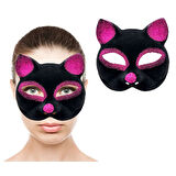 Siyah Renk Fuşya Simli Süet Kaplama Kedi Maskesi 18x14 cm 