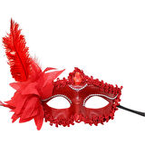 Kırmızı Mat Renk Yandan Tüylü Güllü Parti Balo Venedik Maskesi 16x22 