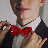 Gece Işıltısı Kırmızı Payetli Pullu Papyon 7x2 Cm 