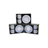 MAVİ - BEYAZ 4PCS=2-TAKIM  PORSELEN KAHVE FİNCANI  ÇİÇEK - ÇİZGİ - NOKTA MİX DESEN 