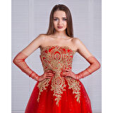 Uzun Boy Kırmızı Puantiyeli Kırmızı Renk Yetişkin Tül Eldiven 55 cm 