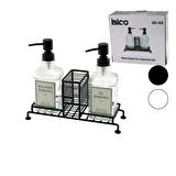 3 PCS METAL STANDLI - CAM SIVI SABUNLUK SETİ SÜNGERLİK 