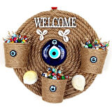Üç Saksılı Welcome Yazılı Deniz Kabuklu Nazar Boncuklu Hasır Kapı Süsü