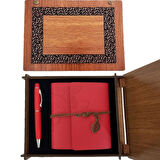 Ahşap Kutulu Kırmızı Deri Defter ve Metal Kalem Set