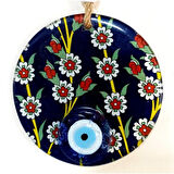 Çiçek Desenli Lacivert Nazar Boncuklu Füzyon Cam Duvar Süsü