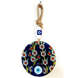 Çiçek Desenli Lacivert Nazar Boncuklu Füzyon Cam Duvar Süsü