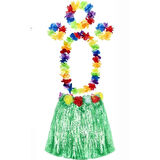 Yetişkin ve Çocuk Uyumlu Luau Aloha Hawaii Yeşil Etek ve Renkli Kolye Taç 2 Adet Bileklik Seti