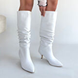 Zelya Beyaz Cilt Topuklu Çizme  Trend- Lisinya