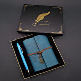 Metal Kalem ve Mavi Deri Defter